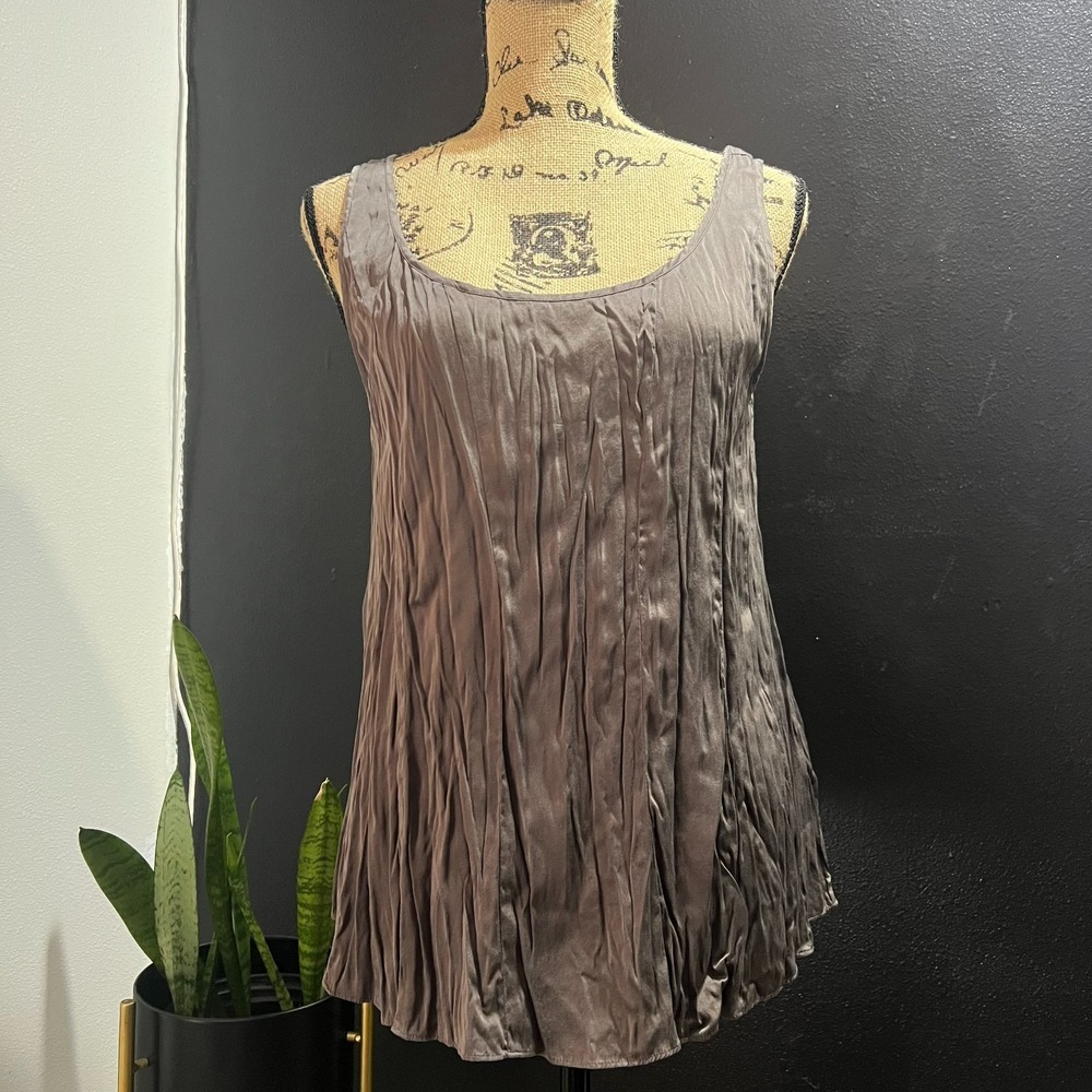 Eileen Fisher Silk Crinkle Tank Top Grey Sleeveless Scoop Neck Shell Medium M
